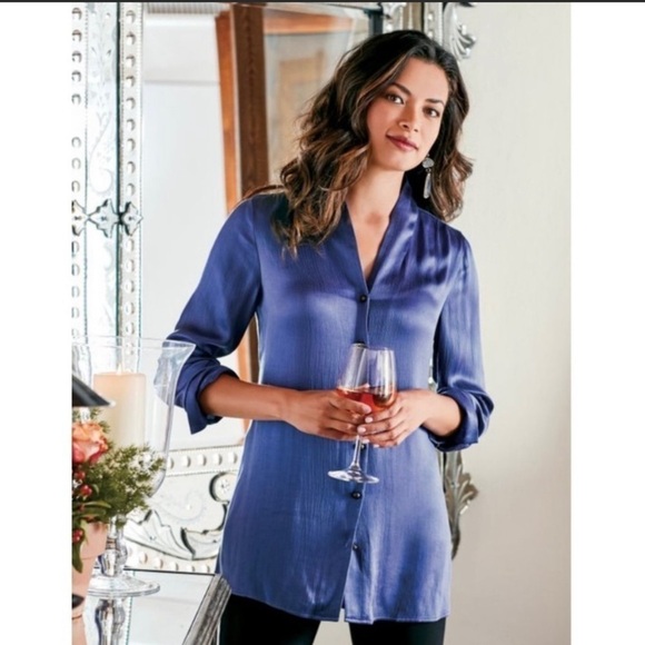 Soft Surroundings Roxanna Iris VNeck Cupro Blouse Sz Large Purple Silky Crinkle - Picture 1 of 10